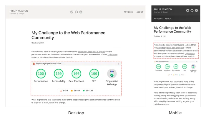 An example showing how the LCP element for a page can differ across desktop and mobile screen sizes