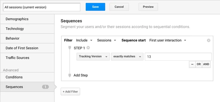 A segment definition to only include sessions for the current tracking version